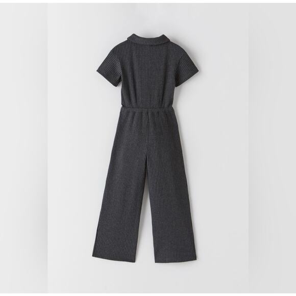 Zara Girls Gray Ribbed Knit Button Front Short Sleeve Jumpsuit 10 - Picture 2 of 6